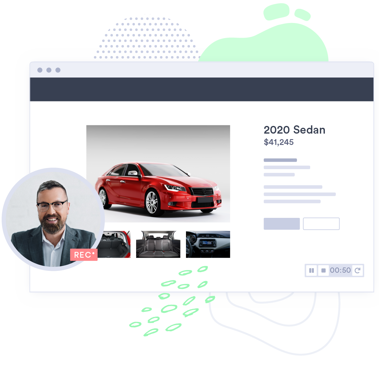 A salesman shares vehicle listings with a client through a personalized video.