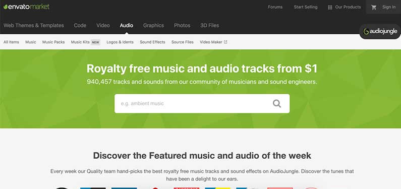 A screenshot of Audio Jungle homepage which offers background music for videos.