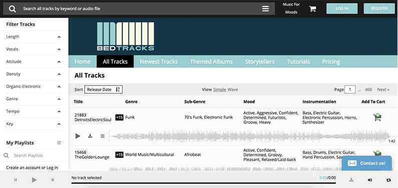 A screenshot of Bedtracks homepage which offers background music for videos.