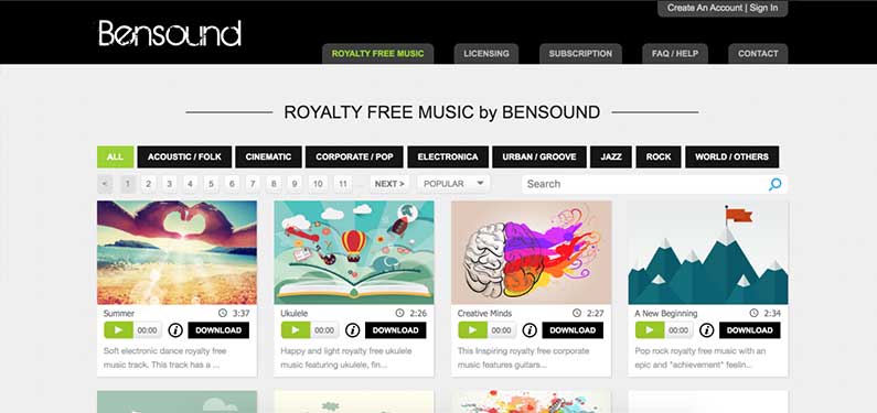 A screenshot of Bensound homepage which offers background music for videos.