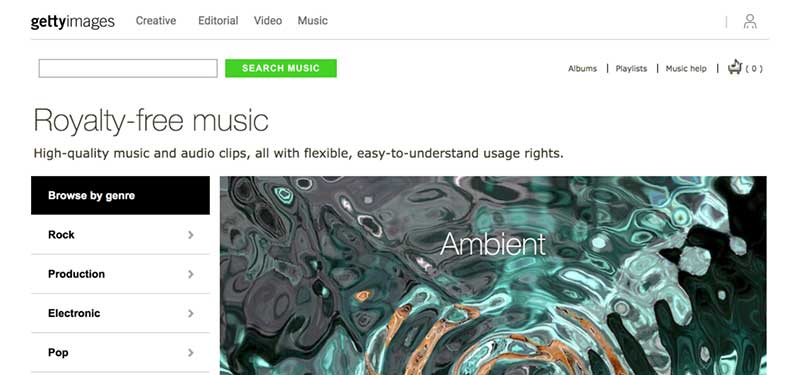 A screenshot of Getty Images Music homepage which offers background music for videos.
