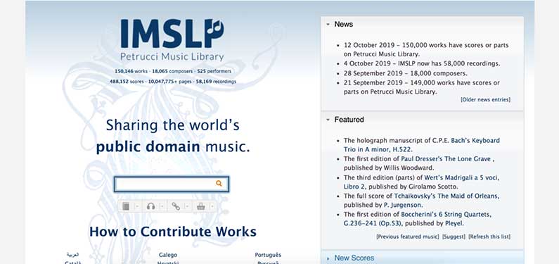 A screenshot of IMSLP homepage which offers background music for videos.