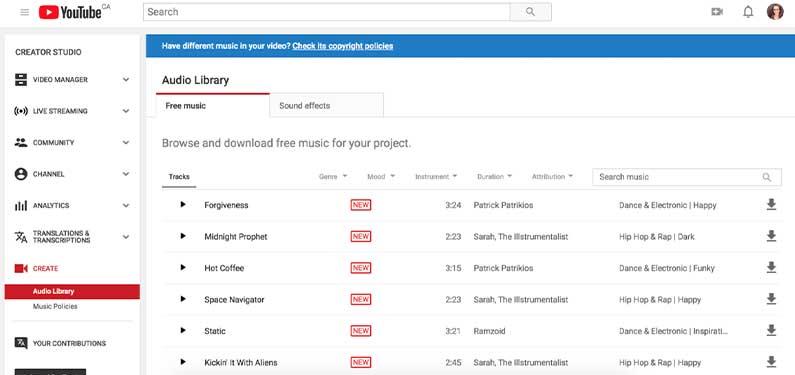 A screenshot of Youtube Audio Library homepage which offers background music for videos.