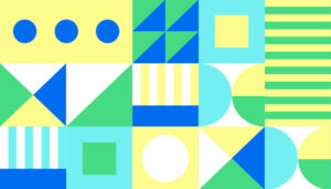 Geometric graphic in green, blue, yellow, and white