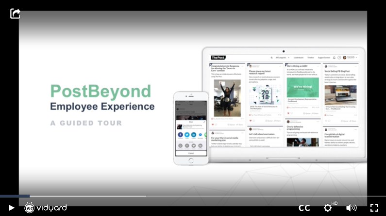 A screenshot of a Vidyard product demo for PostBeyond featuring an iPhone & tablet mockup showing the PostBeyond platform.