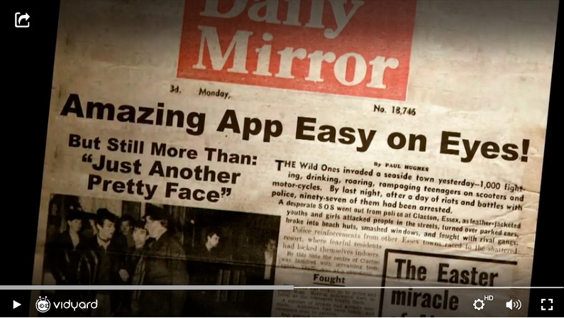 A screenshot of a Vidyard product launch video featuring a newspaper mockup that reads "Amazing App Easy on Eyes"