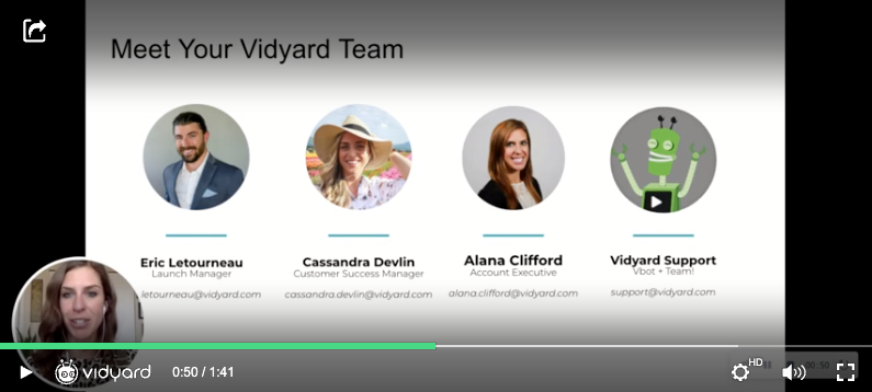 A screenshot of a Vidyard video for onboarding a new customer including images of the Sales & Customer Support team that the new customer would work with