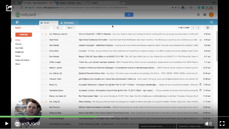 A screenshot of a Vidyard video featuring a Gmail inbox as the video background, used for sharing tips & tricks for using Gmail at work