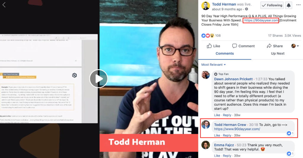 Screenshot of Todd Herman's Facebook Live video with comments bar