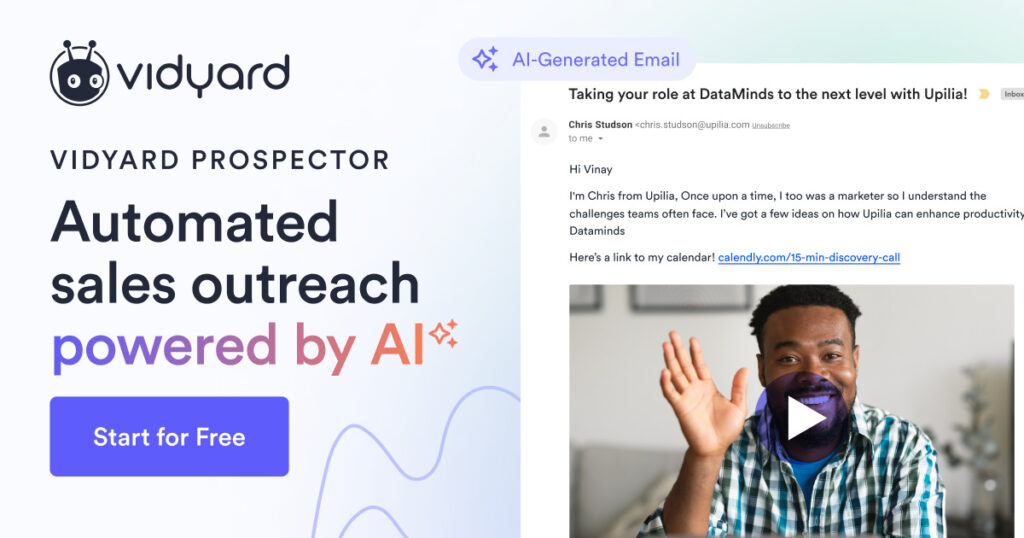 A sales rep sends an automated personalized email with the help of AI powered sales outreach tool Vidyard Prospector.