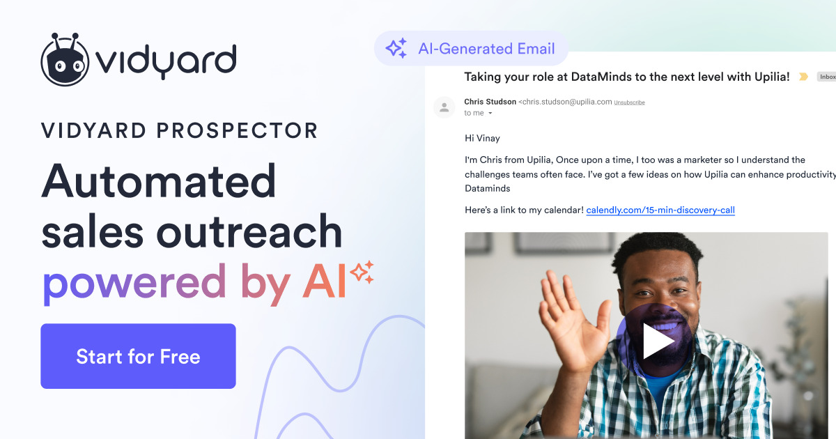 A sales rep sends an automated personalized email with the help of AI powered sales outreach tool Vidyard Prospector.