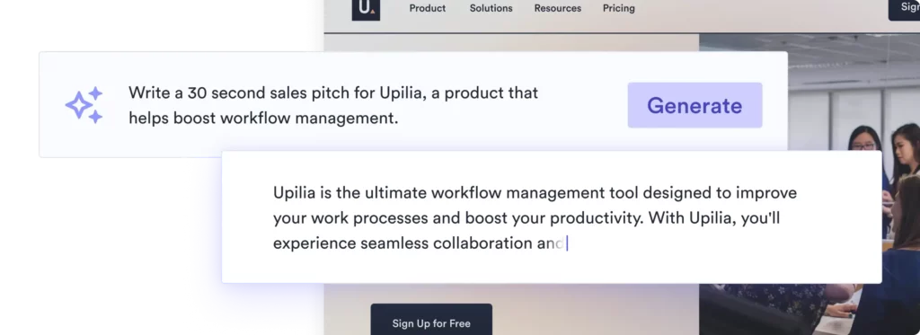 An illustration of an AI pitch generator being told to write a 30-second sales pitch for Upilia, a product that helps boost workflow management. Below the prompt, the AI-created pitch is shown.