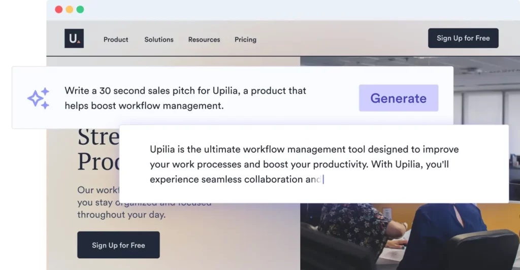 An illustration of an AI pitch generator being told to write a 30-second sales pitch for Upilia, a product that helps boost workflow management. Below the prompt, the AI-created pitch is shown.