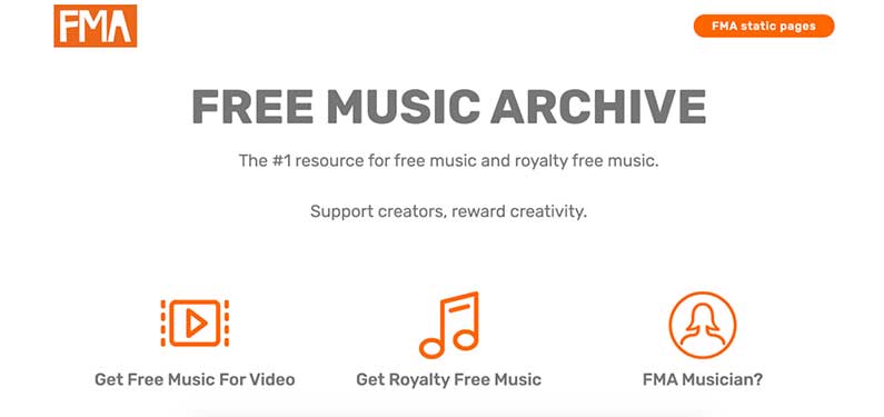 A screenshot of Free Music Archive homepage which offers background music for videos.