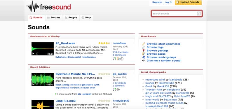 A screenshot of Freesound homepage which offers background music for videos.