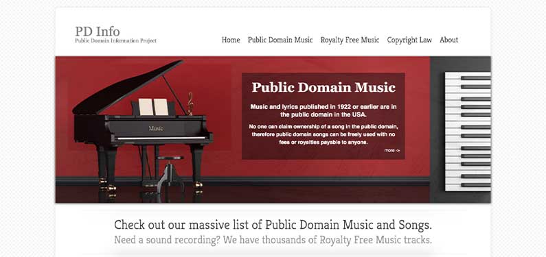 A screenshot of Public Domain Music homepage which offers background music for videos.