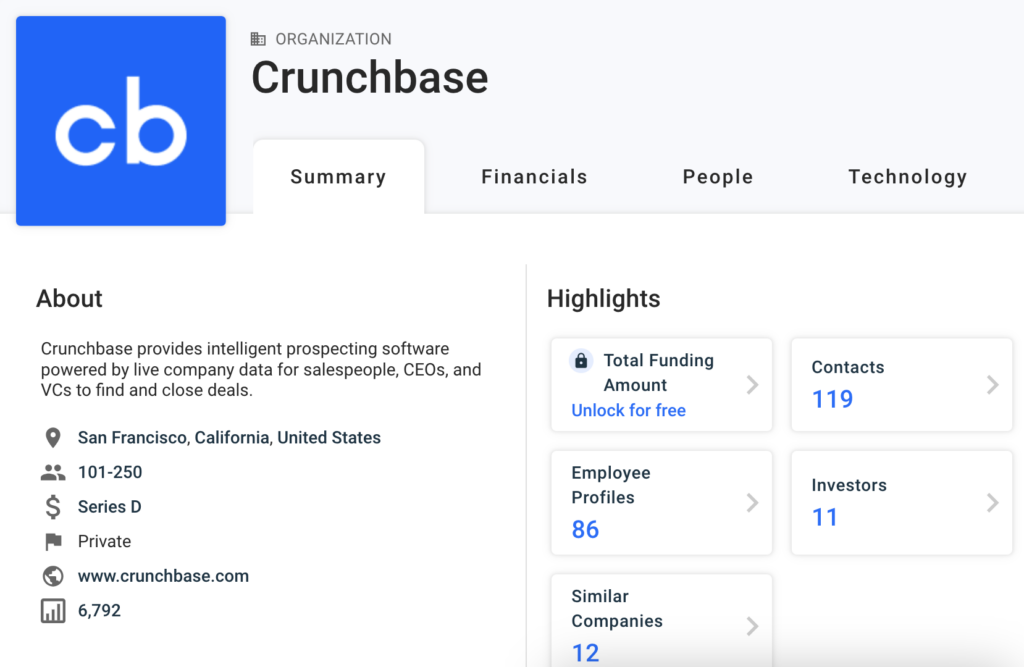 A screencap of Crunchbase's sales prospecting tools.