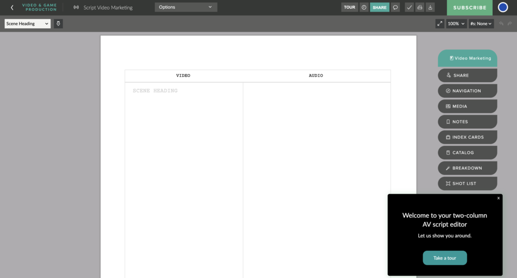 Screenshot of Celtx, a video scripting tool