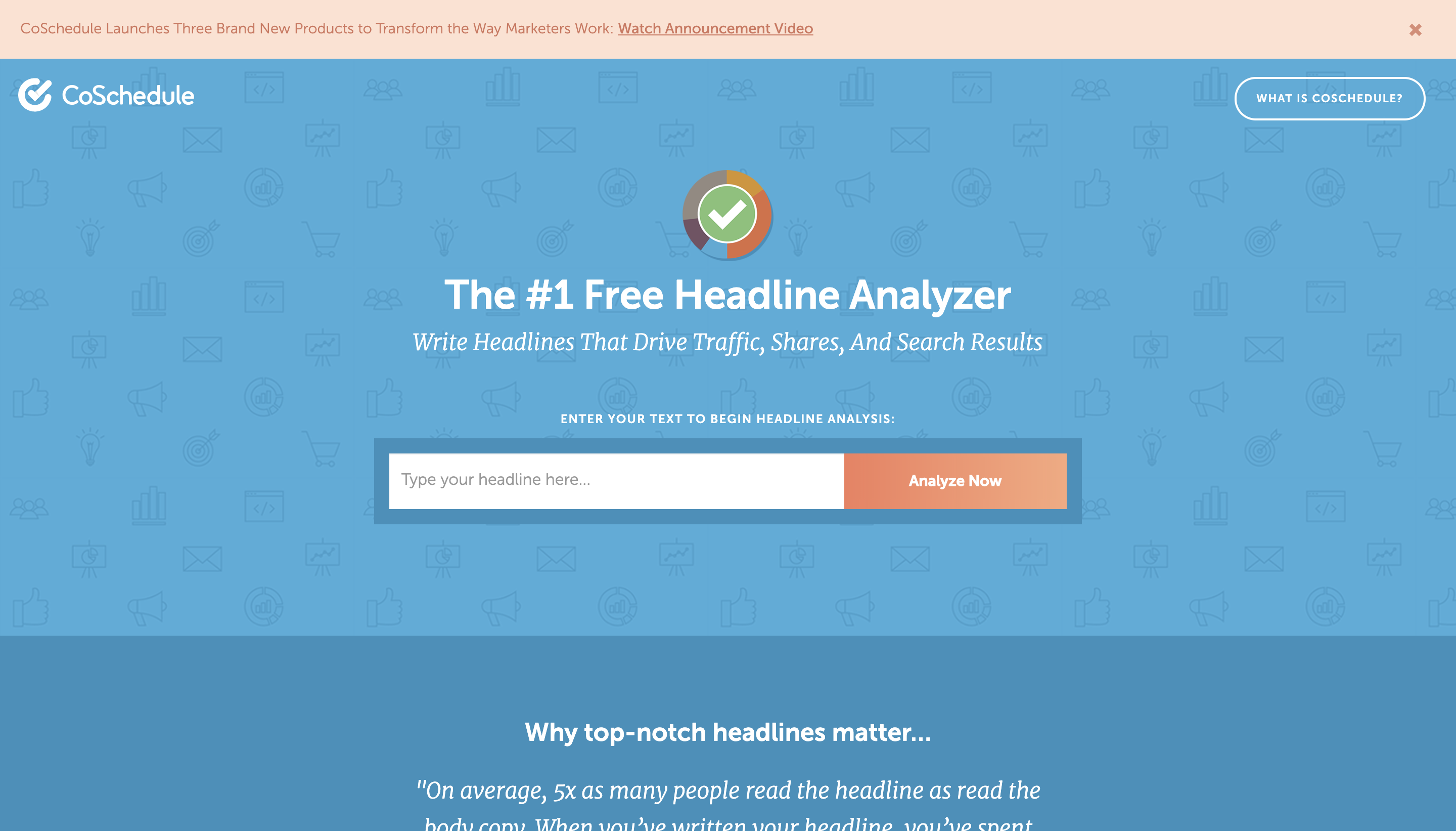 free-video-marketing-tools-coschedule Screenshot of CoSchedule's Headline Analyzer, a tool to choose powerful titles