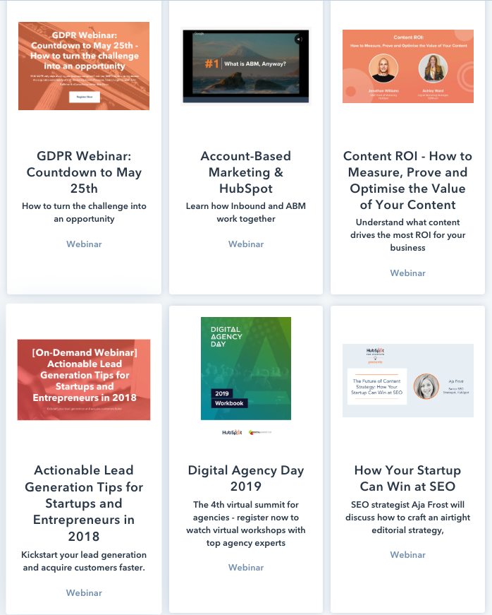 a screenshot of HubSpot's webinars hub