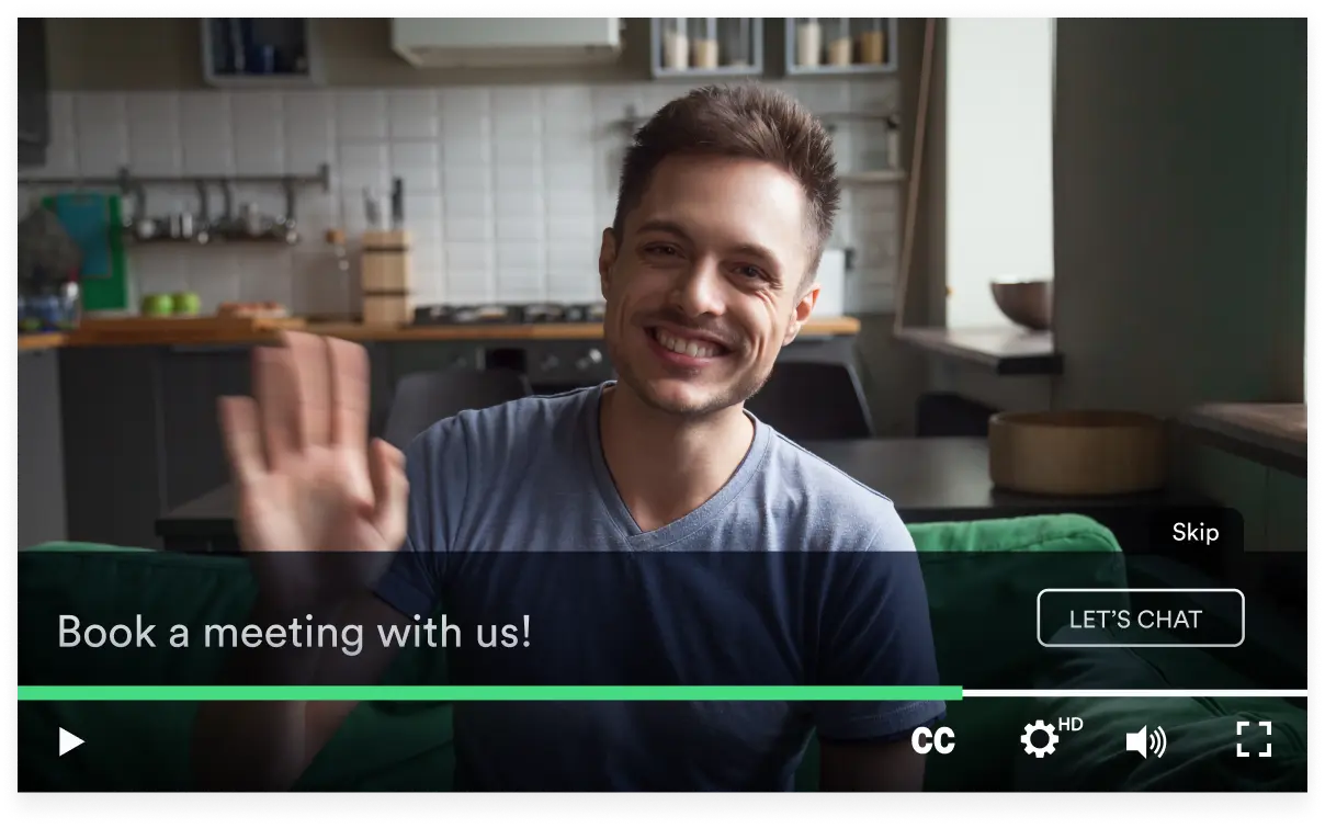 A video thumbnail of a sales man waving to the camera, with a prompt to book a meeting