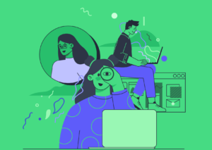 An illustration of a woman looking through binoculars to represent looking through the state of video report.