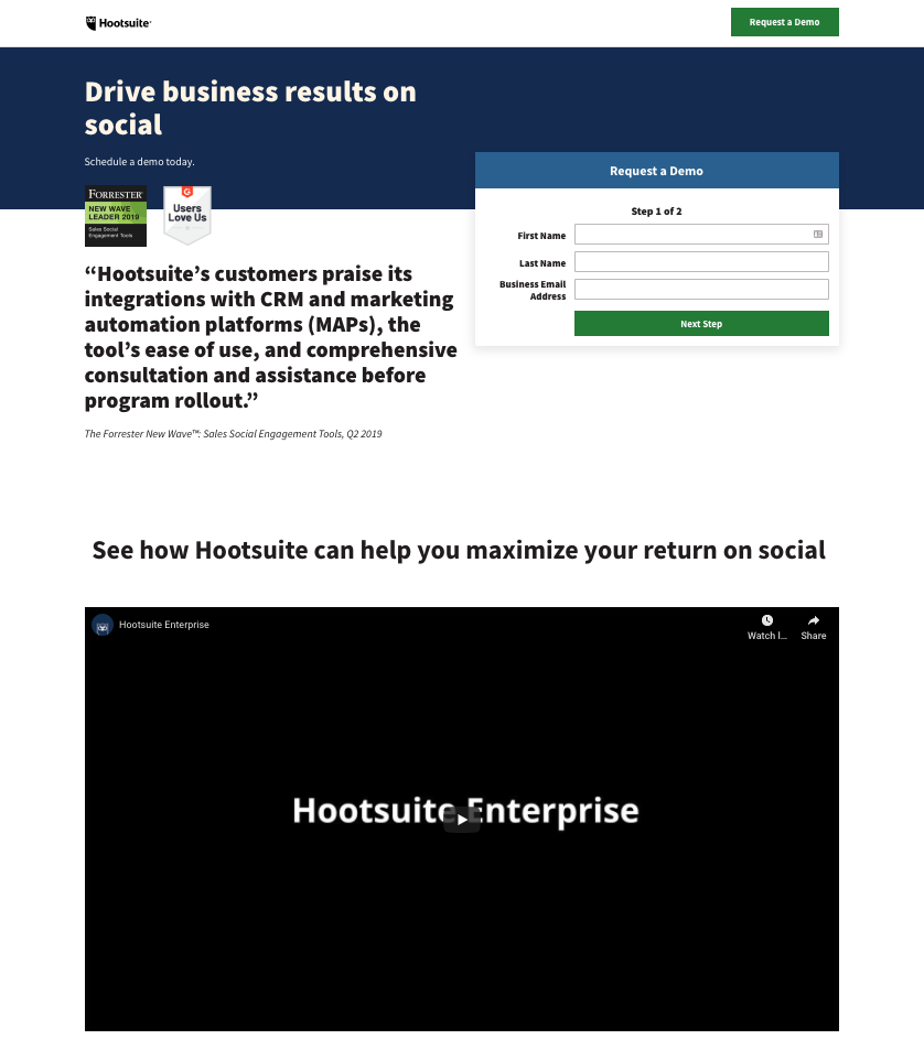 a video landing page example from Hootsuite shows the importance of aligning your page to a single offer