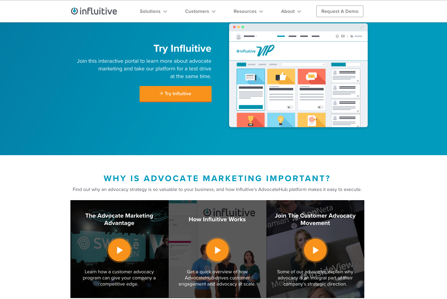 screenshot of Influitive's homepage with video embeds