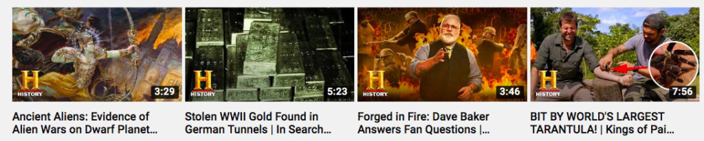 video thumbnail examples from the History Channel featuring their branding