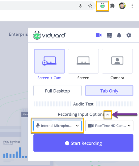 Vidyard screenshot showing recording input options for mic and camera when using Vidyard.