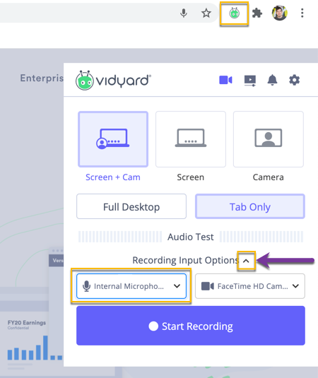 screenshot showing recording input options for mic and camera