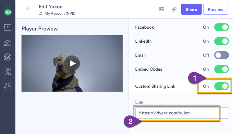 Vidyard hacks screenshot showing the toggle to add a custom sharing link in Vidyard.
