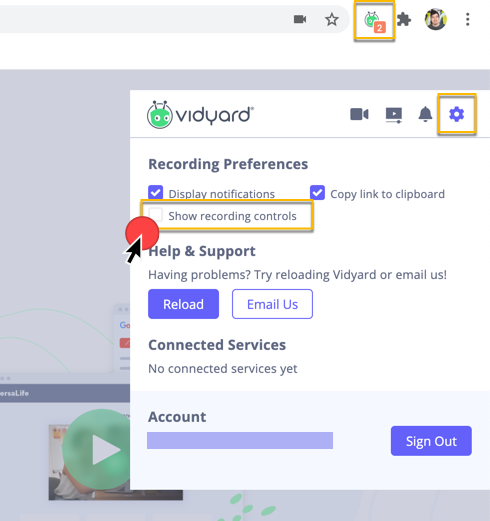 screenshot showing how to hide recording controls using the Vidyard Chrome extension