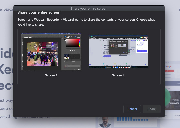 screenshot showing screen selection options in Vidyard Chrome extension