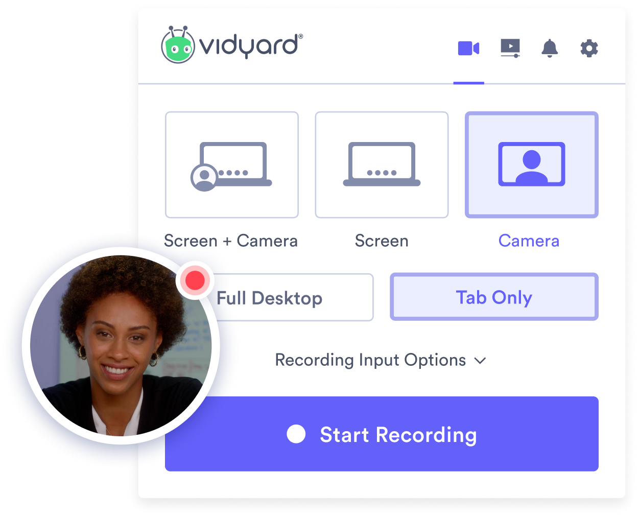 Using Vidyard’s easy-to-use recording tool to create videos for virtual selling.