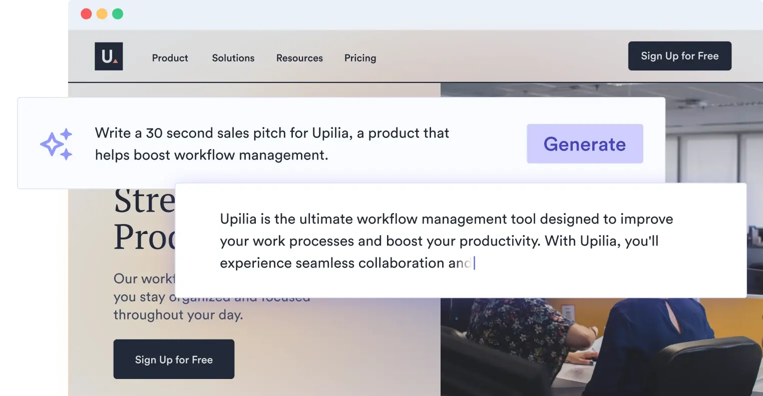 An illustration of an AI pitch generator being told to write a 30-second sales pitch for Upilia, a product that helps boost workflow management. Below the prompt, the AI-created pitch is shown.