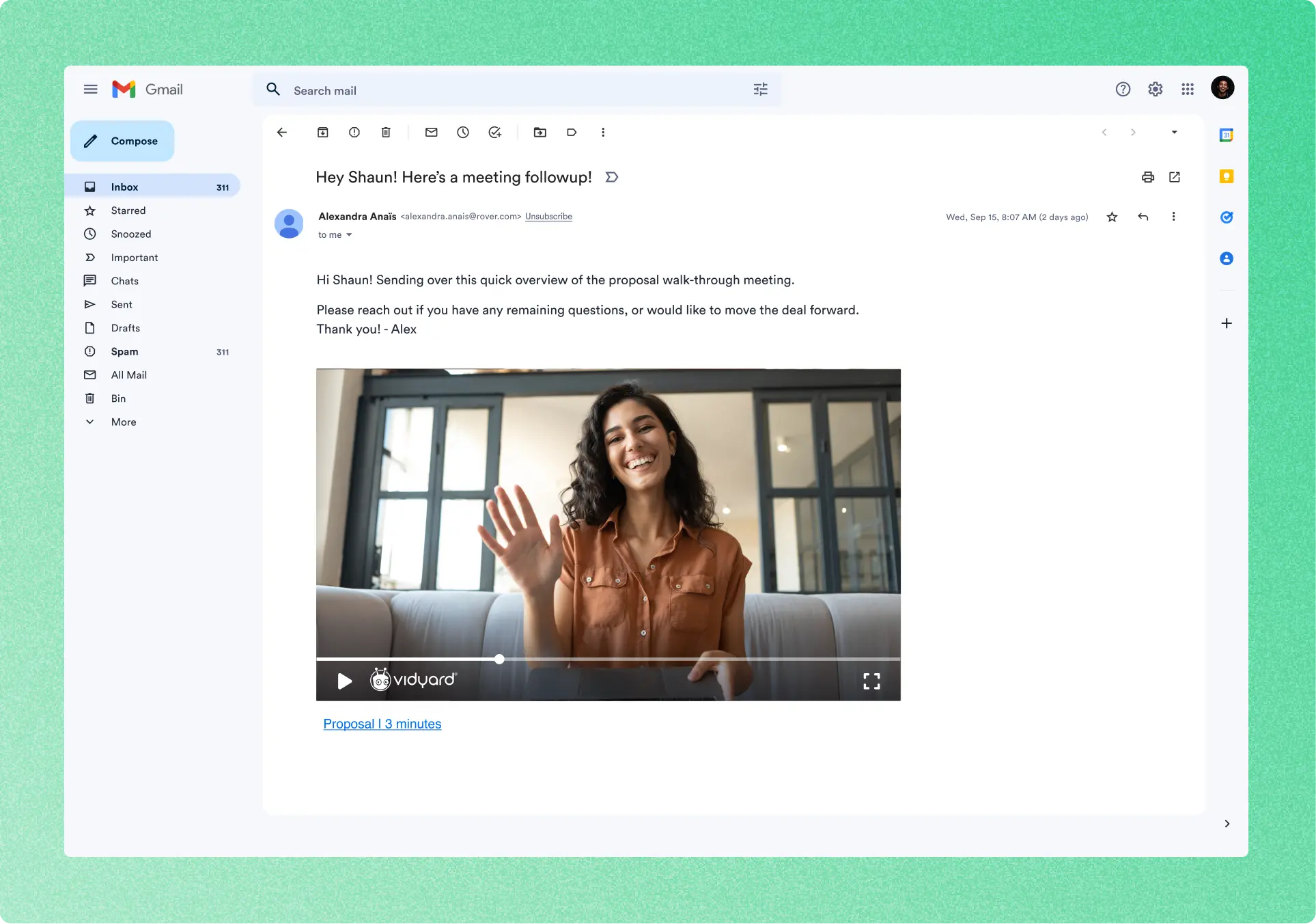A screenshot of an email inside an email app. The email is from a salesperson, providing a quick overview of a proposal walk-through meeting. The email also contains a video labeled “Proposal | 3 minutes.” The video features a smiling, waving woman.