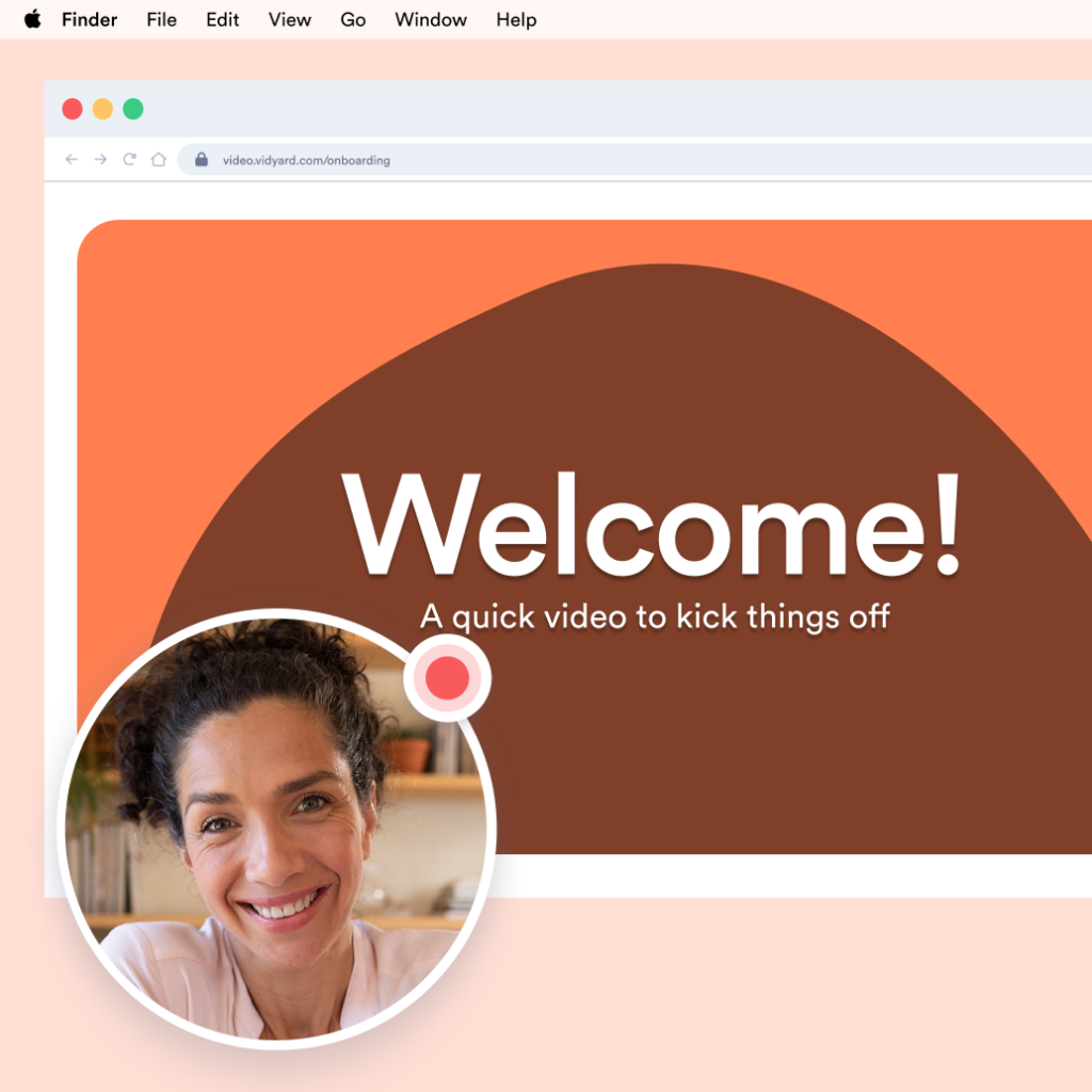 Vidyard onboarding video recording shown in a browser, featuring a welcome screen with a presenter's webcam overlay