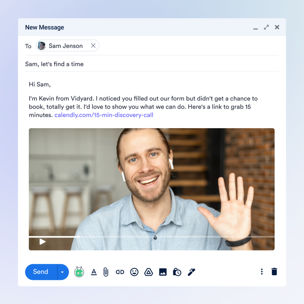 Sales rep sending a personalized video email to a prospect who didn't book a meeting.