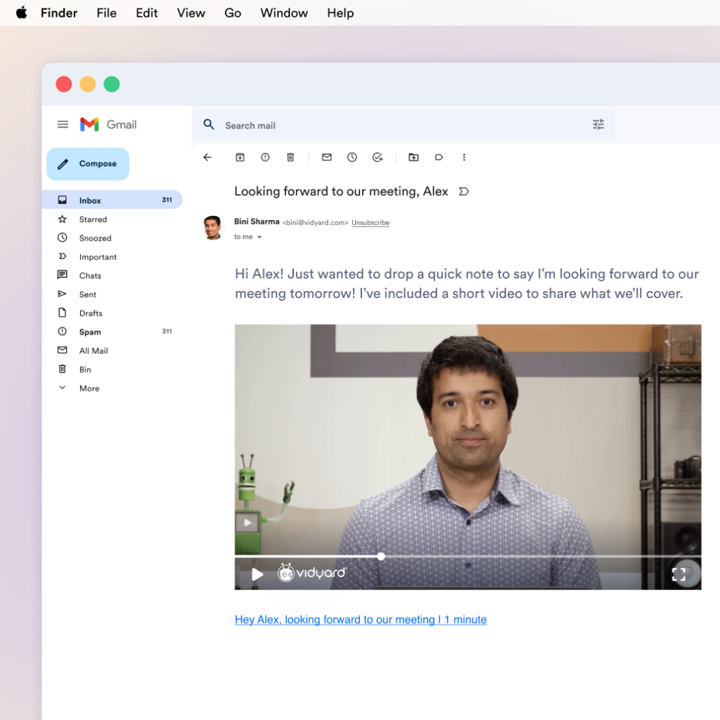 A Vidyard video email in Gmail confirming an upcoming meeting with a prospect.