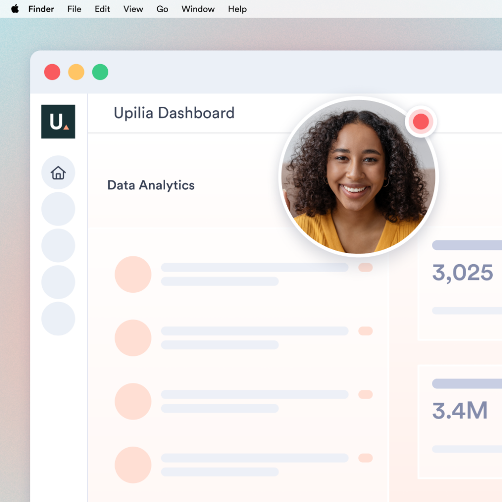 A customer success rep recording a screen-and-camera walkthrough video over a data analytics dashboard, demonstrating a product feature to a customer