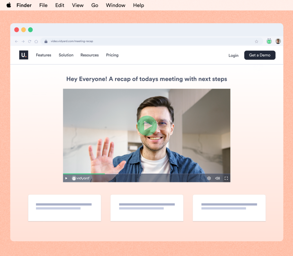 Vidyard-hosted video sharing page showing a meeting recap video with the title "Hey Everyone! A recap of todays meeting with next steps," with resource cards below