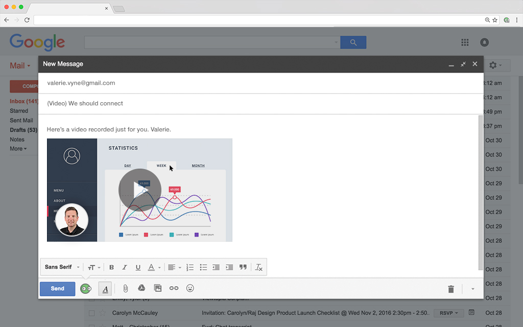 Create a custom video playlist inside of Gmail by choosing from your personal video library along with videos shared by teams like marketing, sales and support.