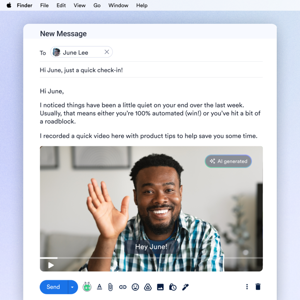 An email compose window containing a video thumbnail as a proactive check-in message with product tips