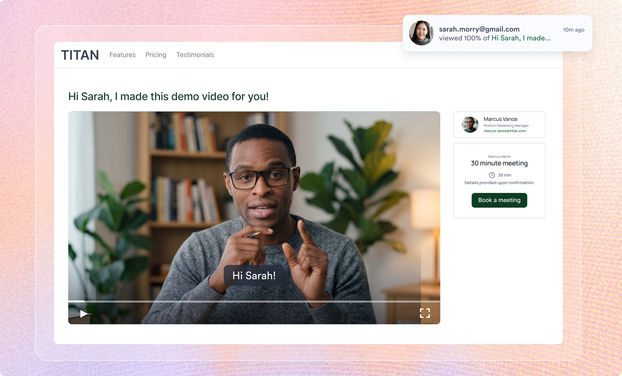 Personalized Titan video landing page with a demo video player and a meeting booking widget.