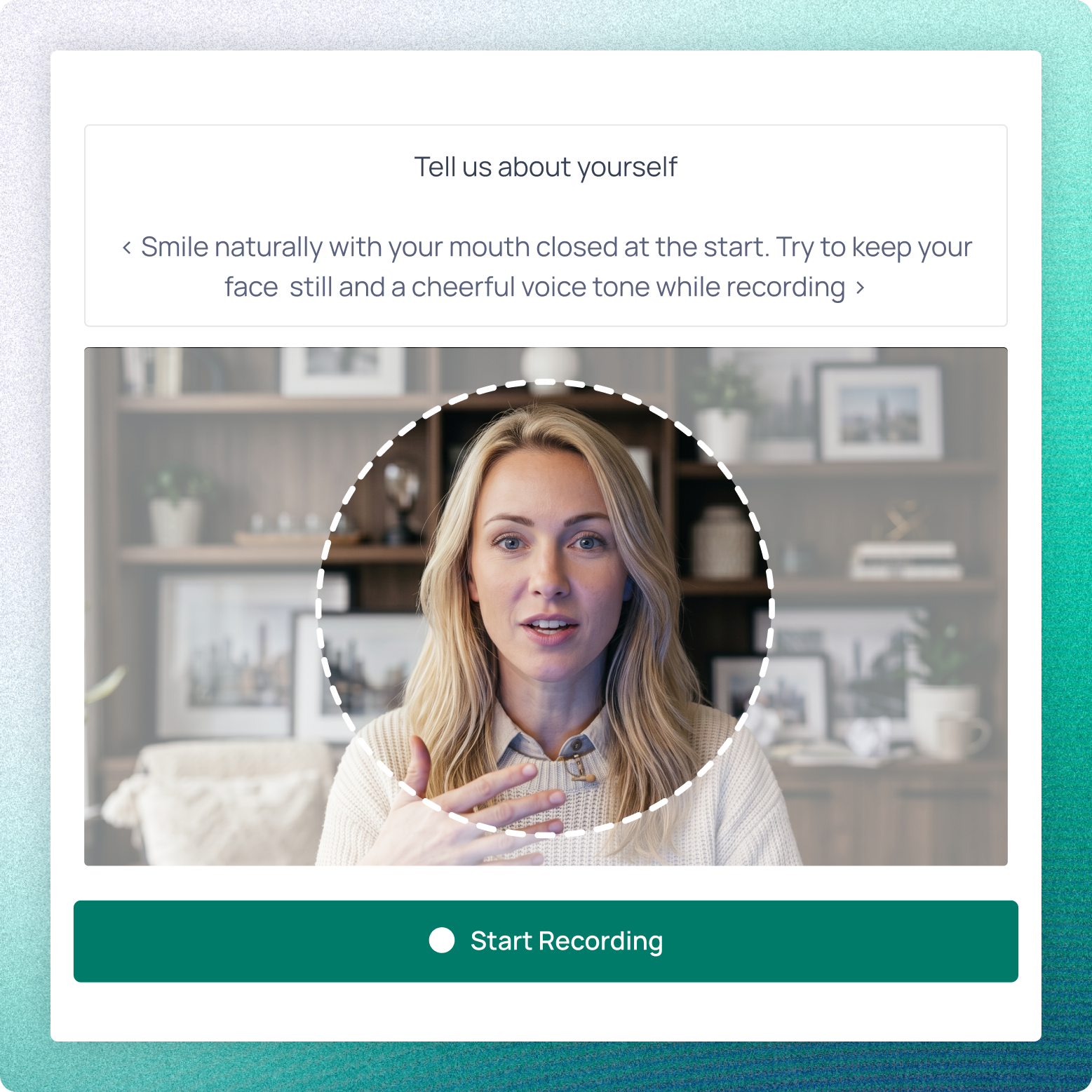 AI avatar recording prompt showing a woman centered within a dashed facial framing guideline.