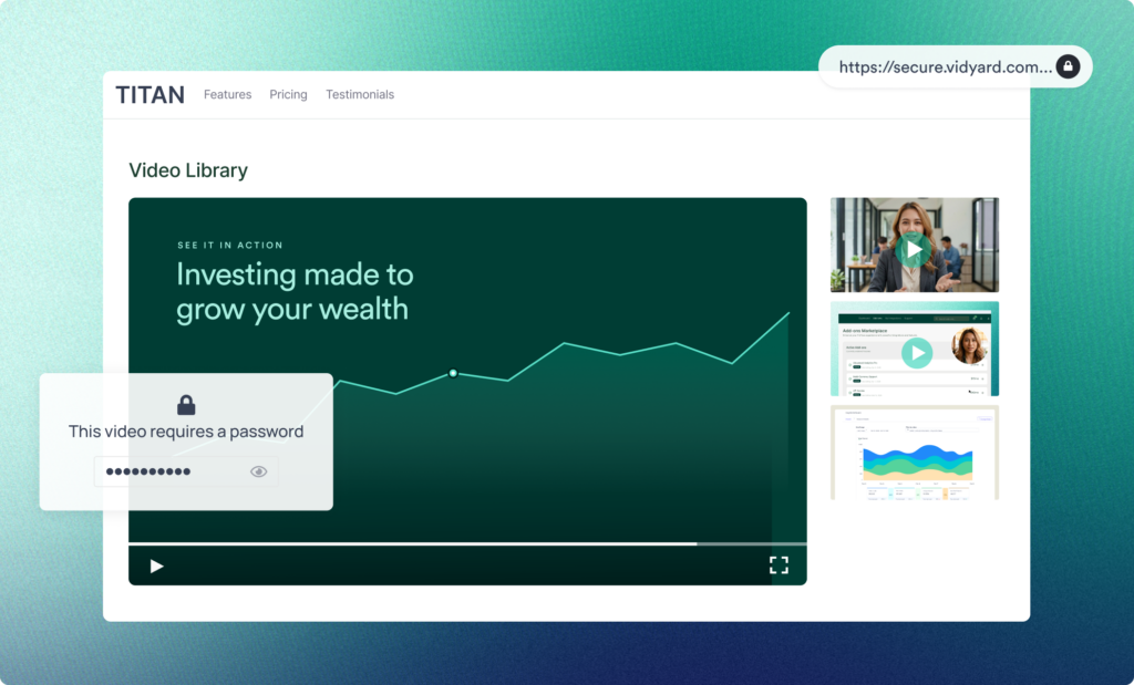 Titan video library interface displaying a password-protected wealth investment video player.