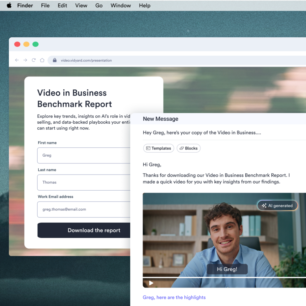 A prospect downloads a report and receives an automated follow-up email with a personalized video highlighting key insights.