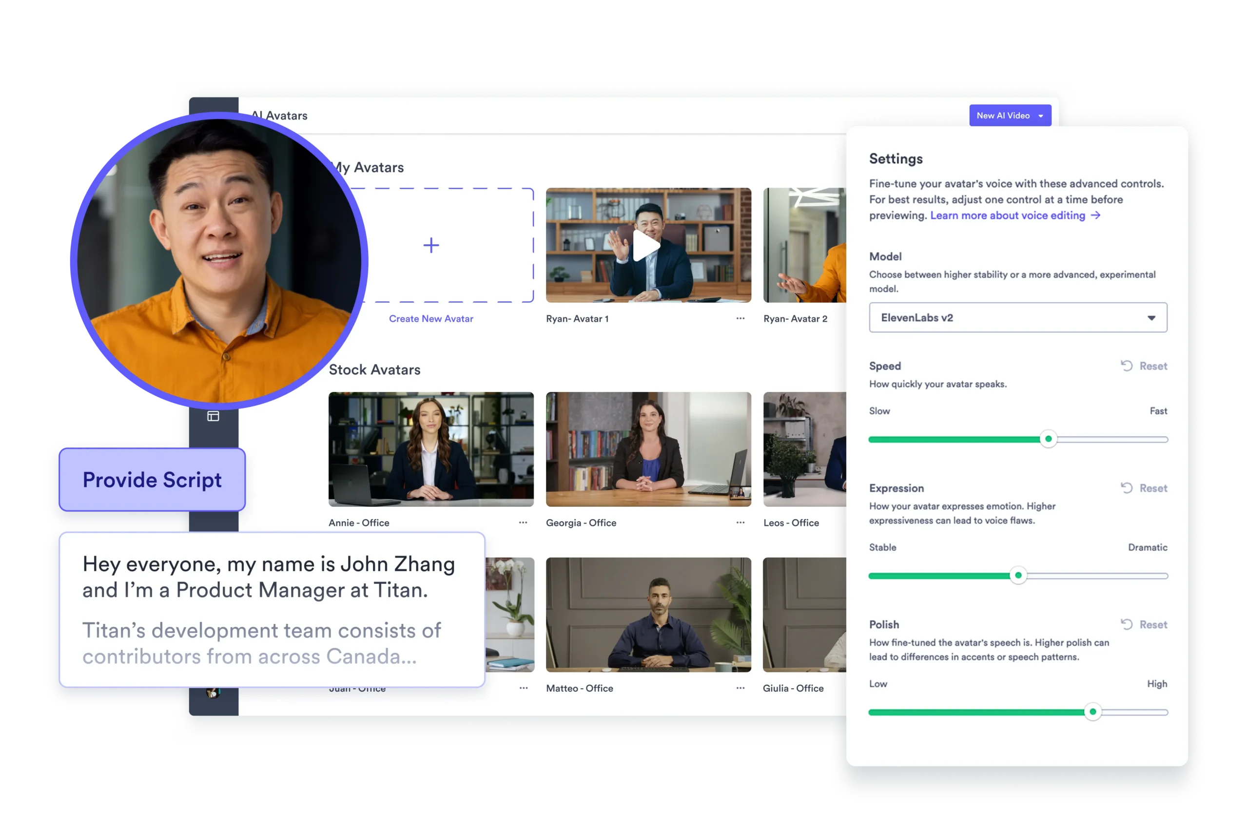 man generating an AI avatar and adjusting audio pitch and script