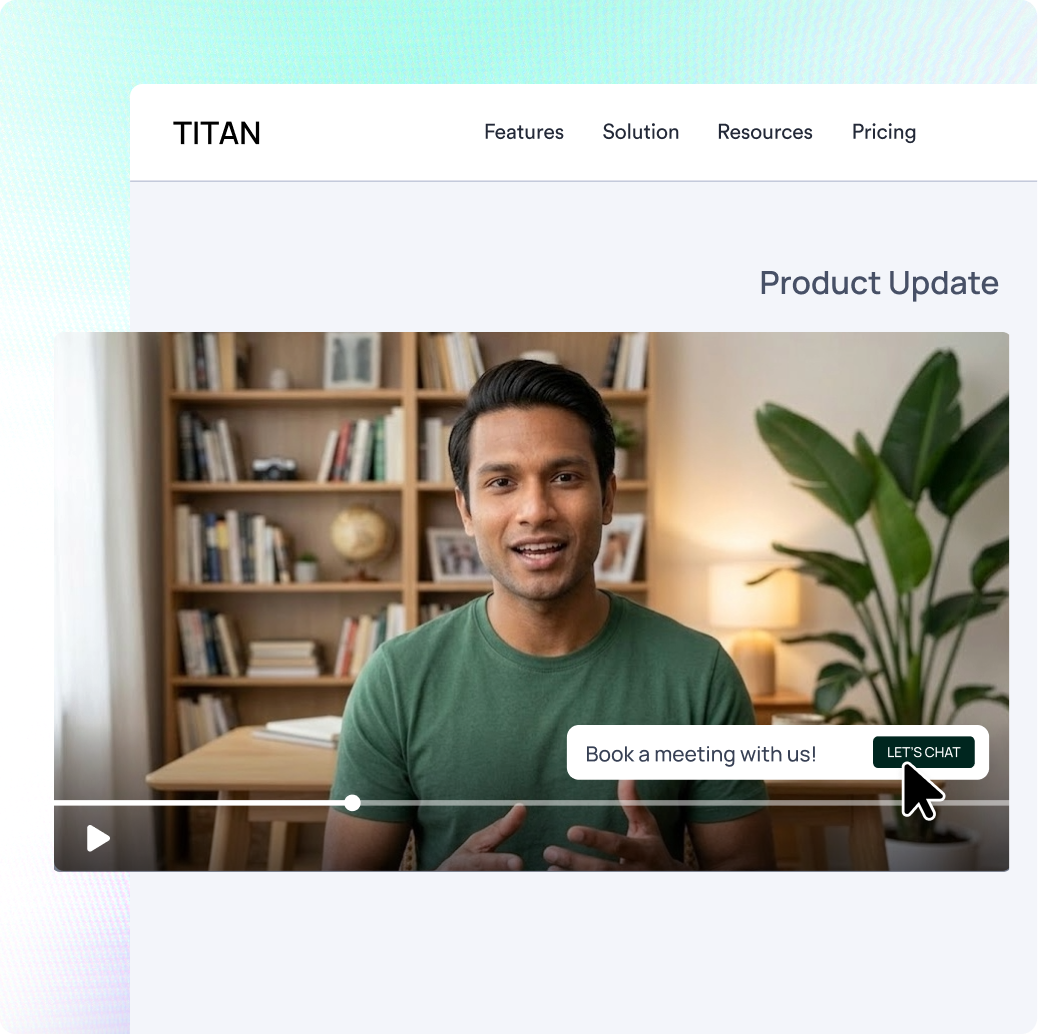 Embedded Titan product update video player with an interactive "Let's Chat" button.